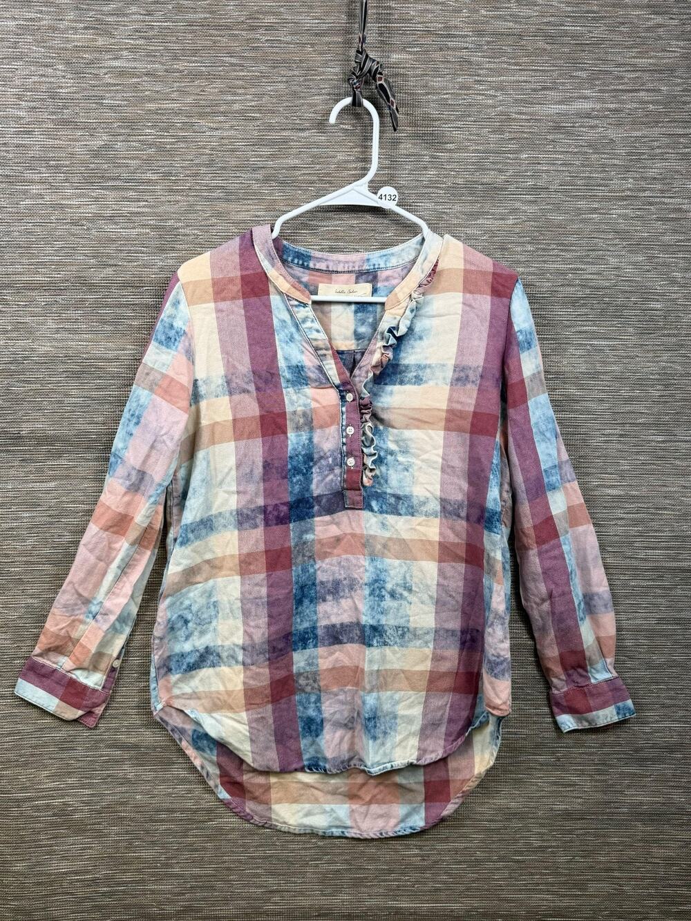Isabella Sinclair Blouse Womens S Multicolor Plaid Henley Tunic Top Long Sleeve